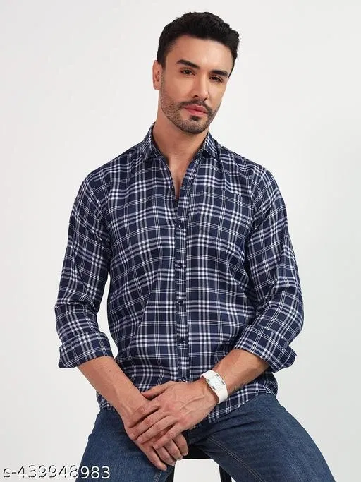 Polycotton Checked Shirts for Men, Blue (L)