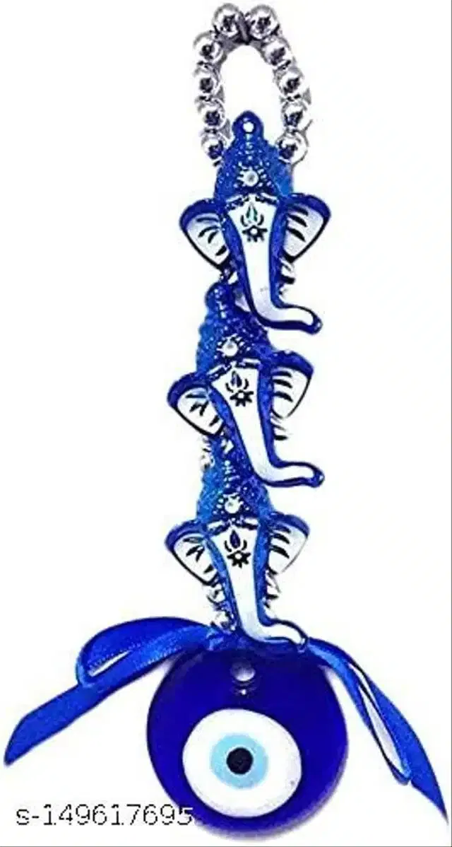 Three God Ganesh Evil Eyes Wall Hanging (Blue)