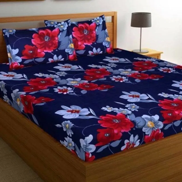 Polycotton 88x88 Inch Bedsheet with 2 Pillow Cover (Blue)