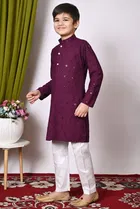 Rayon Cotton Embellished Kurta with Payjama for Boys, Wine & White 