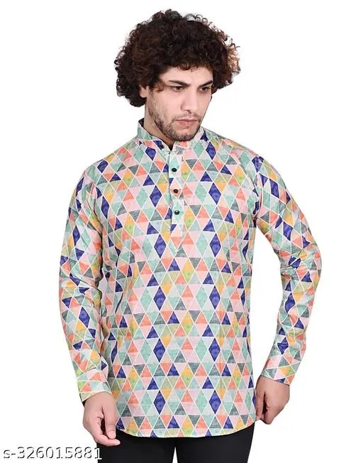 Cotton Blend Printed Short Kurta for Men, Multicolor (L)