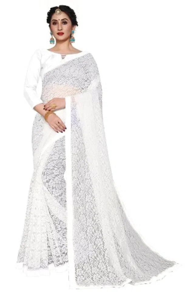 Net Floral Saree for Women (White , 6.3 m)