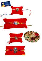 Combo of 4 Pcs Rakhi, 4.5 inch Plate, Greeting Card & Roli Chawal 