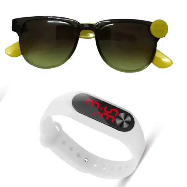 UV Protected Sunglass with Digital Watch for Boys & Girls (Green & White, Set of 2)