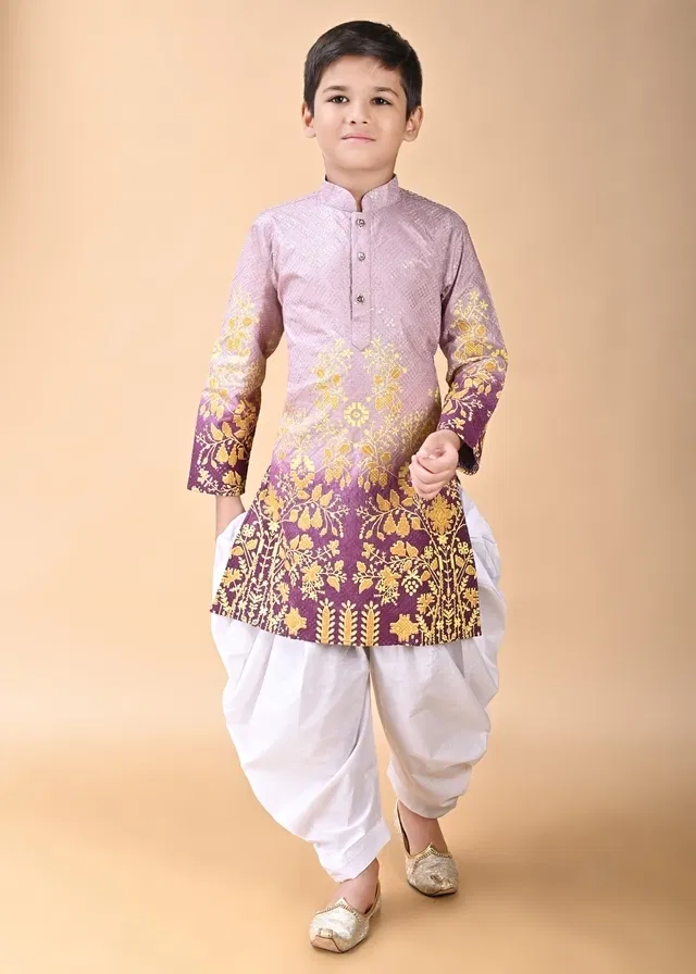 Rayon Printed Kurta with Dhoti for Boys, Purple & White (9-10 Years)