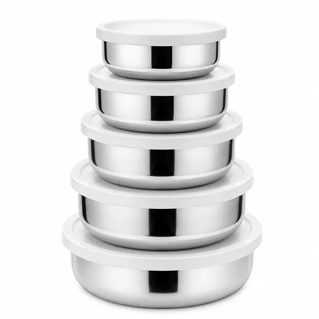 Stainless steel with white plastic lid for storing and serving food Containers, Set of 5 PC