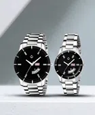 Stainless Steel Analog Couple Watch (Silver & Black, Pack of 2)