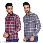 Cotton Blend Checked Shirt for Men, Grey & Maroon 