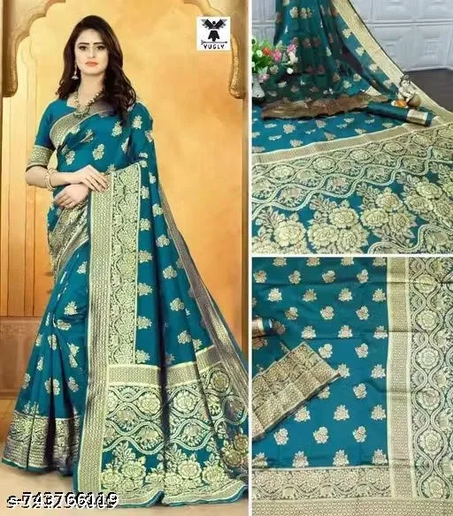 Kanjivaram Soft Banarasi Silk Saree for Women (Blue, Free Size)