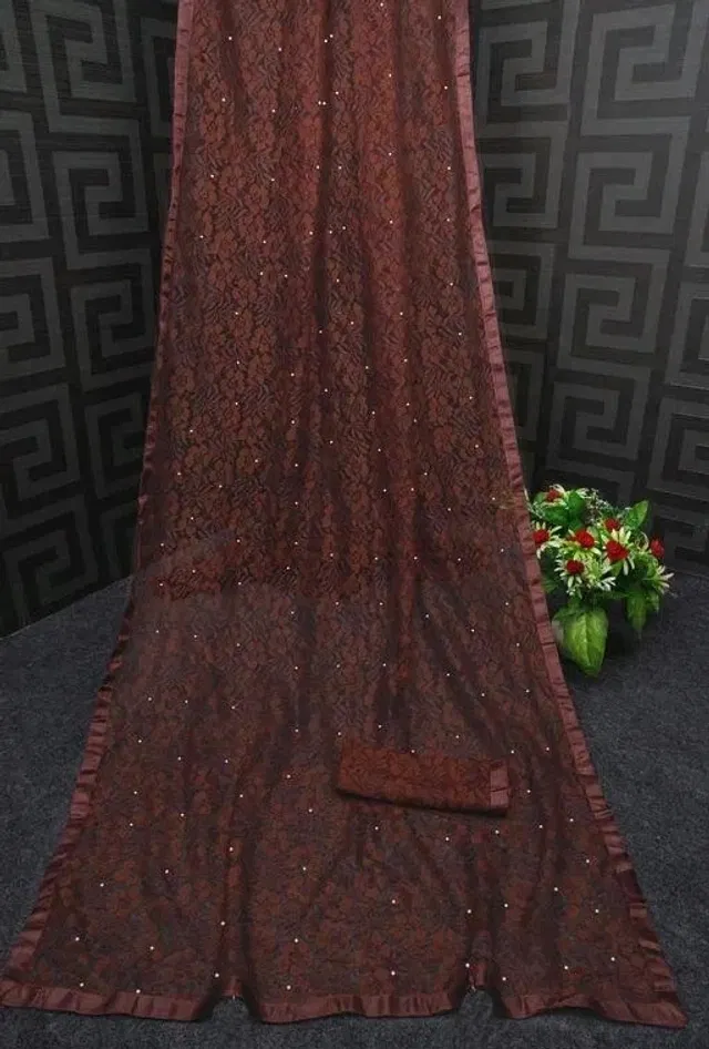 Net Solid Saree for Women (Brown, 6.3 m)