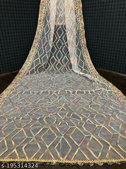 Embroidered Rajasthani Net with Jacquard (White, Free Size)