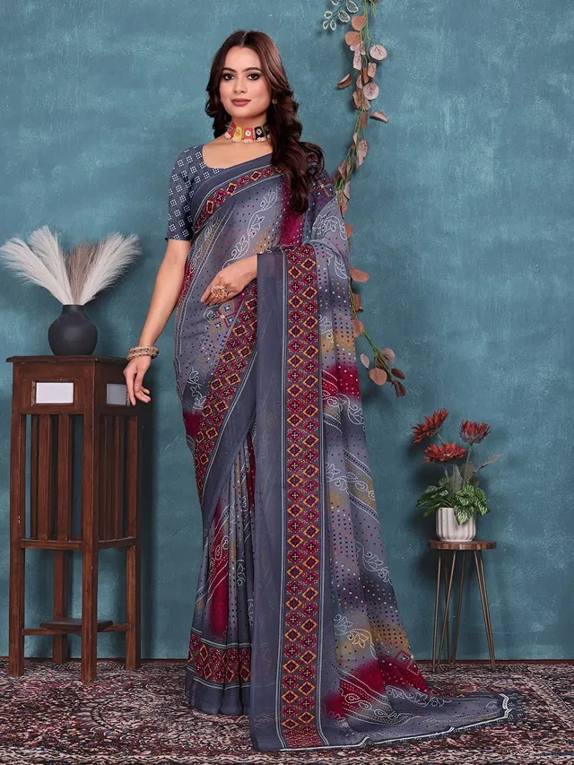 Georgette Printed Saree for Women (Grey, 6.3 m)