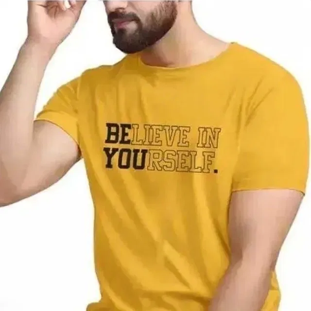 Round Neck Printed T-Shirt for Men (Yellow, XXL)