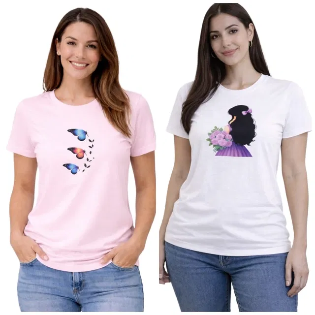 Cotton Blend T-shirt for Women, Pink & White, Pack of 2 (L)