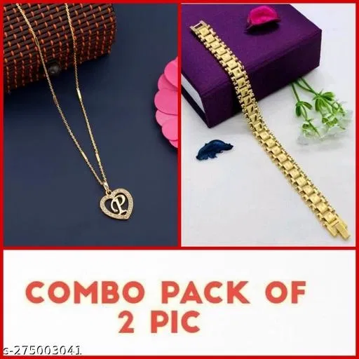 Alloy Pendant with Chain & Bracelet for Women (Multicolor, Set of 2)