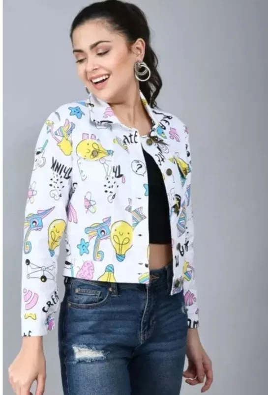 Cotton Blend Printed Jacket for Women, Multicolor (M)