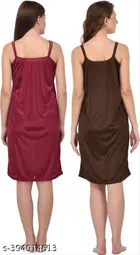 Satin Solid Nightdress for Women, Brown & Dark Pink, Pack of 2 