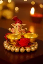 Metal Decorative Ganpati Haldi Kumkum Stand with 2 Roli Chawal Holder, Multicolor