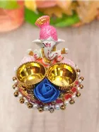 Metal Decorative Ganpati Haldi Kumkum Stand with 2 Roli Chawal Holder, Multicolor