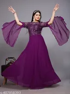 Georgette Embellished Gown for Women (Wine, S)