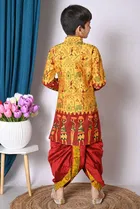 Dupion Silk Printed Kurta with Dhoti for Boys, Yellow & Red 