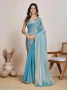 Satin Solid Saree for Women, Sky Blue 