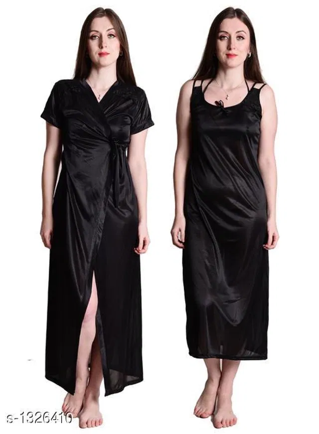 Satin Nightdress Set for Women (Black, Free Size)