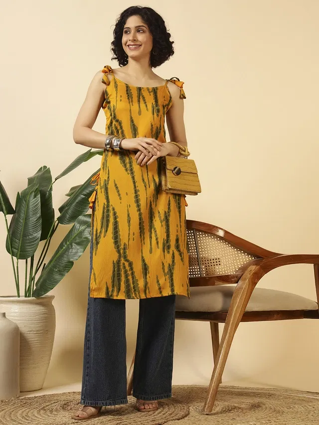 Tie Up Poly Crepe Kurti for Women (Yellow, L)