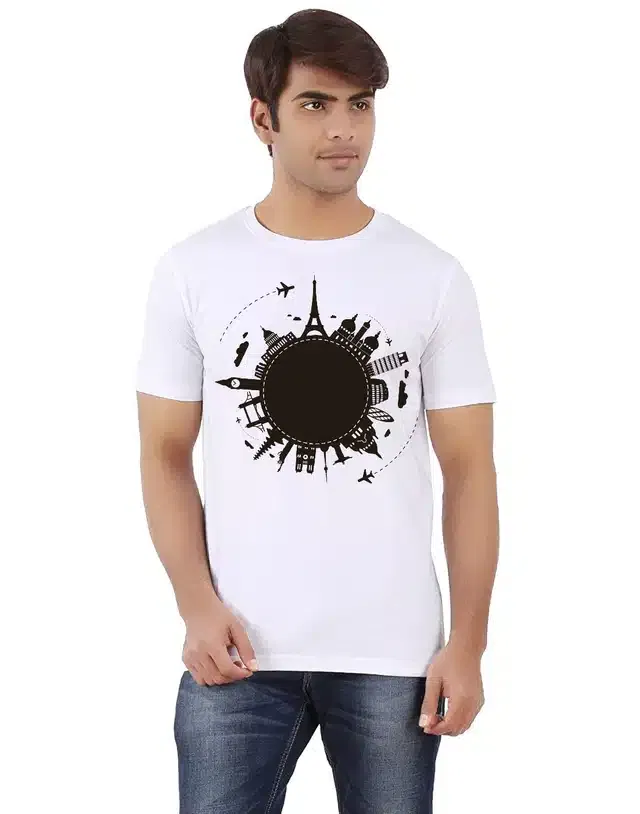 Printed Half Sleeves Round Neck T-Shirts for Men (White, M)