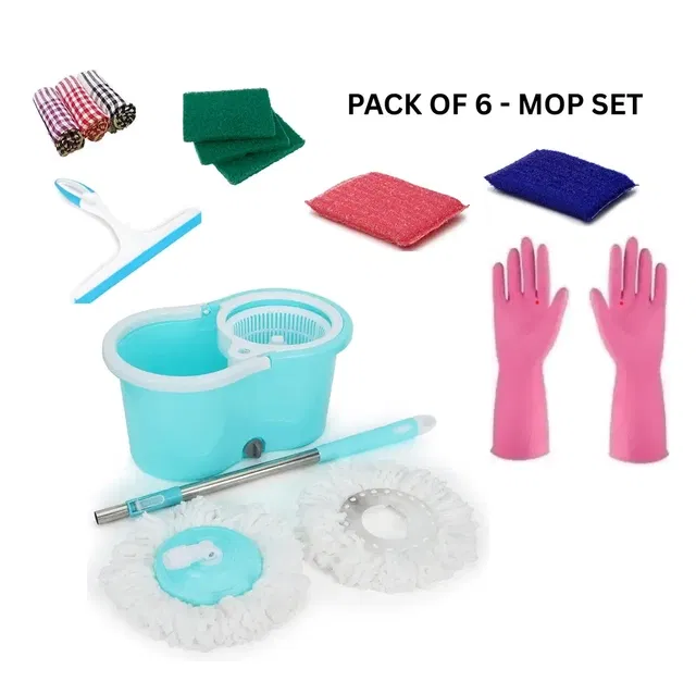 Klenshine Wheely Spin Mop Combo with Kitchen Wiper, Scrub Pad, Gloves & Duster [Multicolor, Pack of 6]