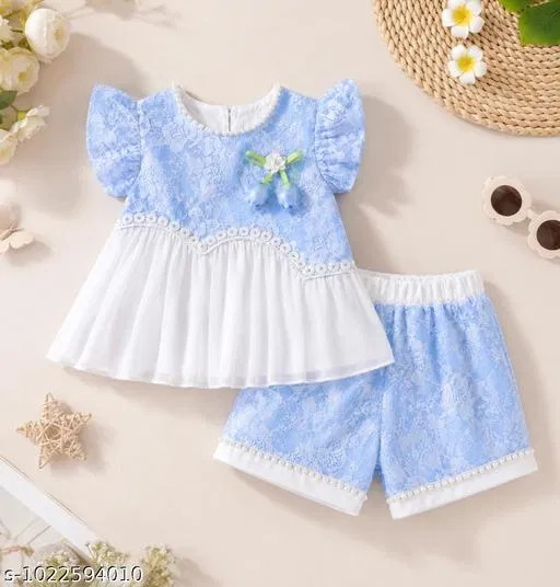 Cotton Blend Clothing Set for Girls (Aqua Blue, 3-6 Months)