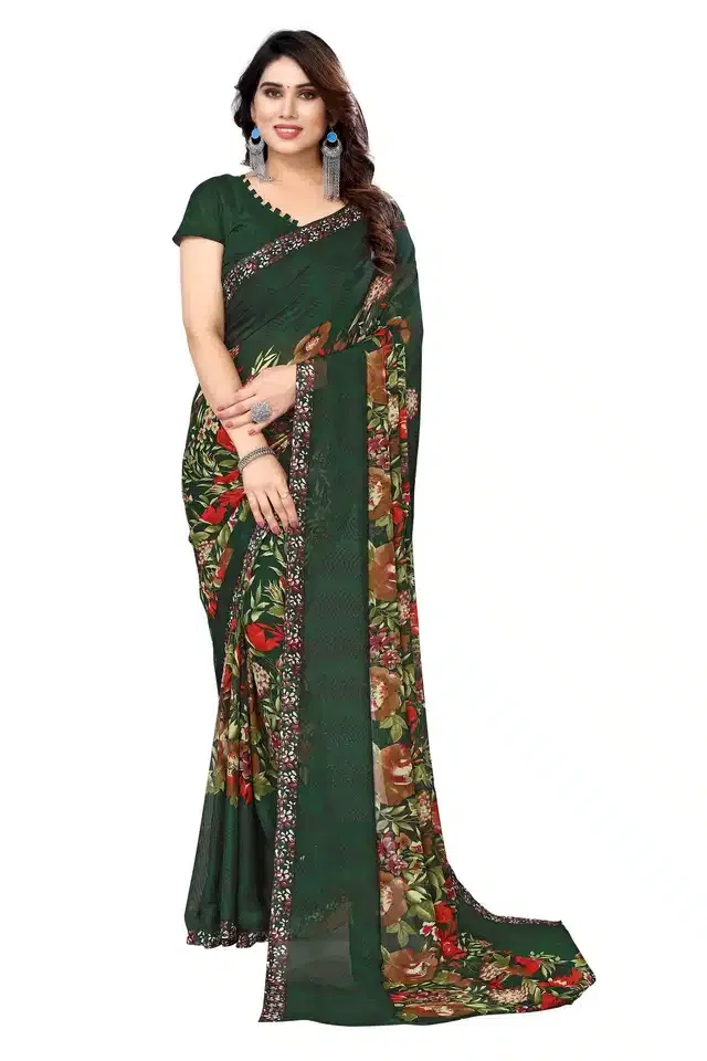 Georgette Printed Saree for Women (Green, 6 m)