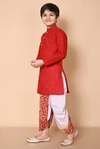 Cotton Embellished Kurta with Dhoti for Boys, Red & White 