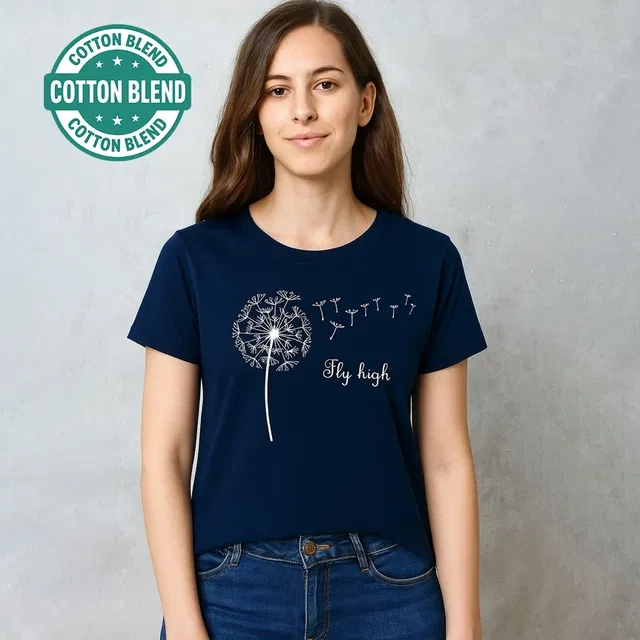 Cotton Blend Printed T-Shirt for Women (Blue, S)