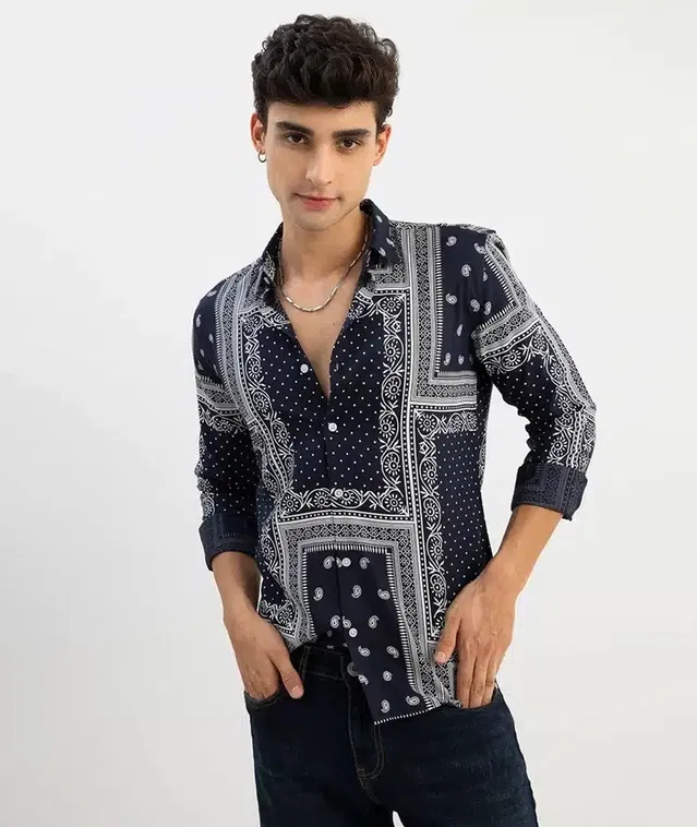 Printed Shirt for Men (Navy Blue, XL)
