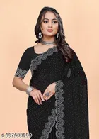 Poly Georgette Solid Saree For Women, Black