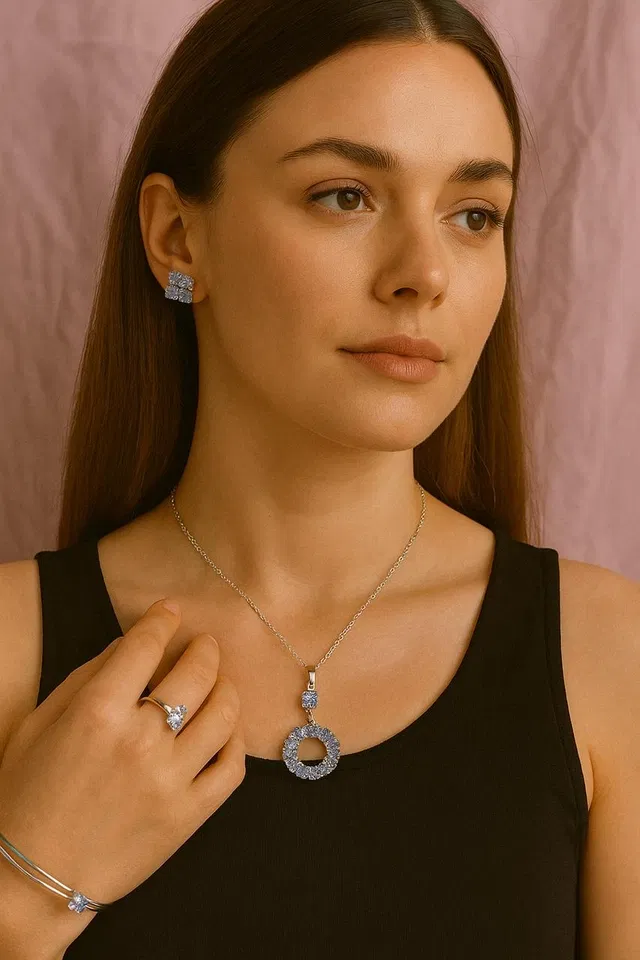 Elegant Silver-Toned Pendant Set for Women (Necklace, Earrings, Ring, Bracelet)