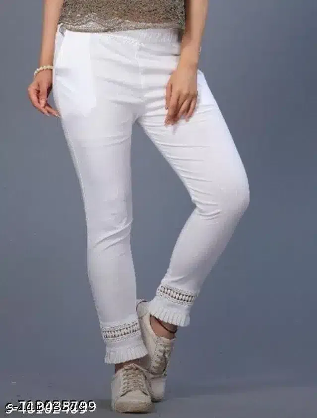 Cotton Lycra Trouser for Women (White, 28)