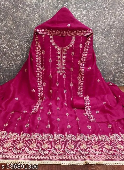 Vichitra Silk Punjabi/All Over Suits Semi-Stitched Suits (Pink, 6.05 meter for Women (M)