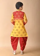 Dupion Silk Printed Kurta with Dhoti for Boys, Yellow & Red 