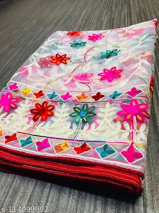 Floral Phulkari Banarasi Net Dupatta for Women (White, Free Size)