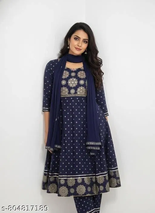 Embroidered Art Silk Gown Kurta Set for Women (Blue, XL)