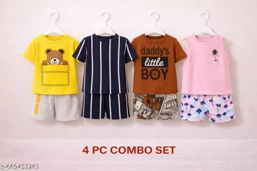 Hosiery Cotton Printed Clothing Set for Kids, Multicolor, Pack of 4 (0-3 Months)