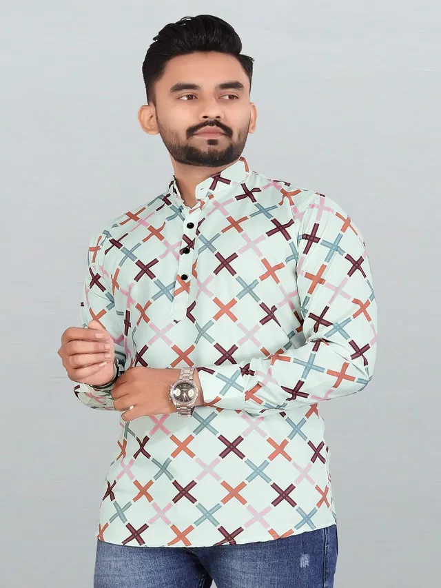 Cotton Blend Printed Kurta for Men (Sea Green, XL)