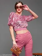 Polyester Embellished Top & Bottom Set for Women (Pink, XS)