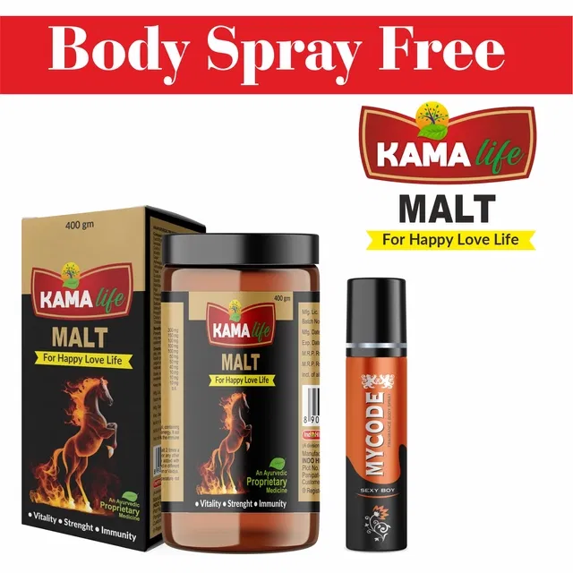 Kama Life Malt Ayurvedic Stamina Powder (400 g) with Free Mycode Sexy Boy Perfume Body Spray (Set of 2)