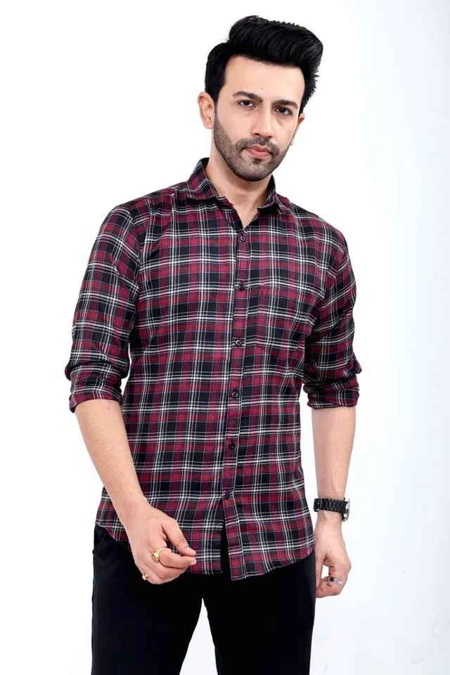 Cotton Blend Checked Shirt for Men, Maroon (XL)