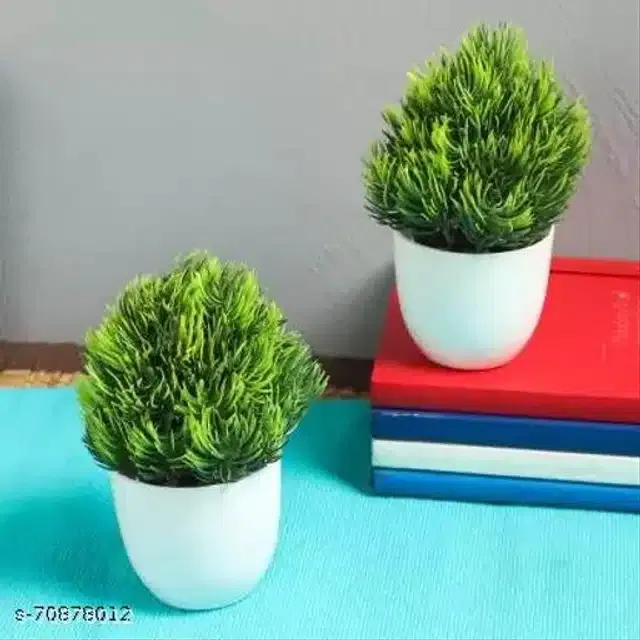 Artificial Plants with Pot (Green & White, Pack of 2)