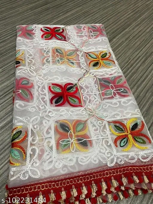 Embroidered Rajasthani Net with Checked Pattern (White, Free Size)