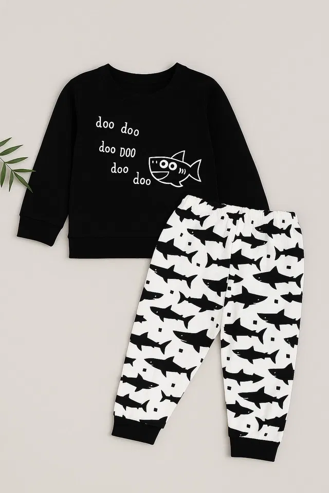 Hoisery Printed Clothing Set for Boys (Black, 6-12 Months)